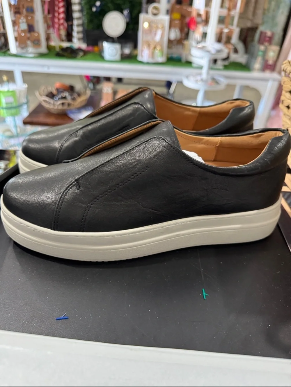 J Slides Black Leather Slip-On Sneakers with White Platform Sole